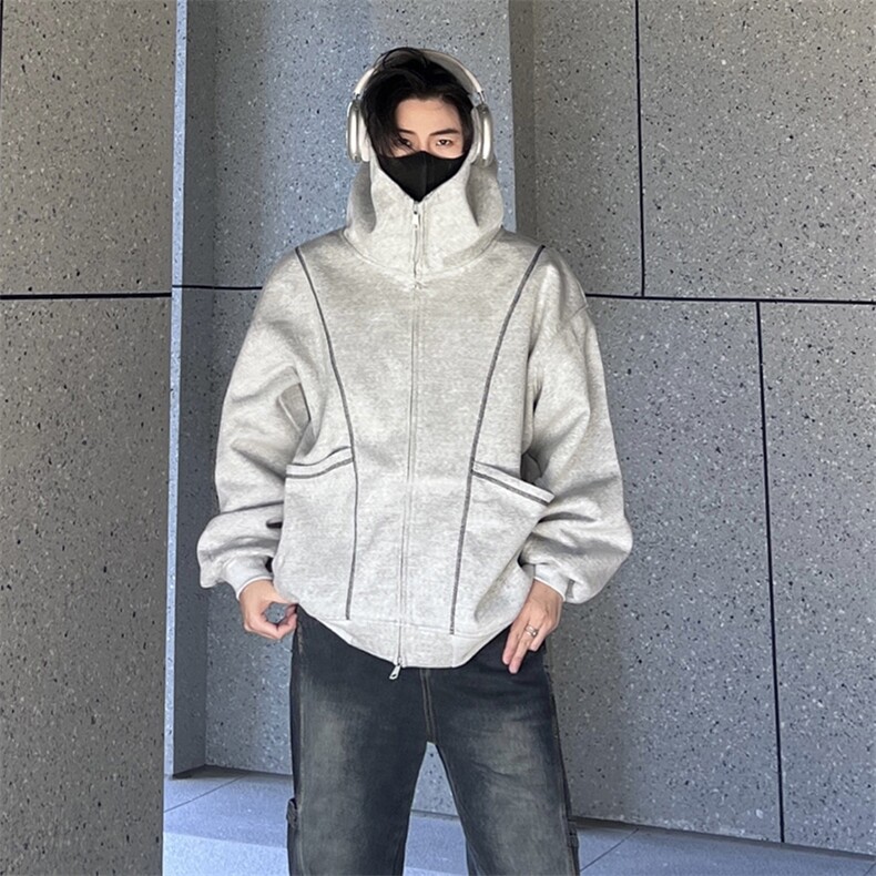 抖音得物高品质秋冬美式高街重磅结构辑明线纹理连帽卫衣外套W111图片