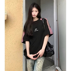 抖音得物品质二开240克宽松纯棉美式潮牌印花三条杠中性风短袖T恤，男装T恤，电商A486