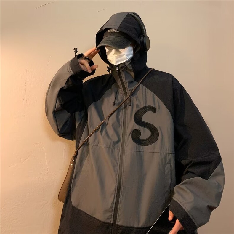 美式机能连帽冲锋衣男冬季日系复古拼接撞色潮牌刺绣夹克W6672P60,男装夹克,星座1116-2