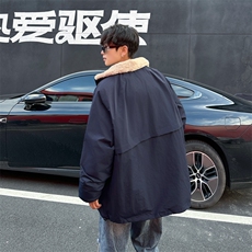 美式冬季羊羔绒拼接棉衣潮流加厚保暖可翻立领休闲外套，男装棉衣，星座410-6（原星座1304-1）