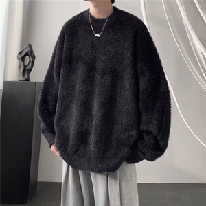 209-P48 男女同款圆领宽松毛衣秋冬日系复古百搭纯色打底针织衫图片