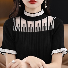 优雅蕾丝边仿羊毛短袖针织衫精致半高领设计展现女性魅力，女装针织衫/毛衣，桦兴羊绒