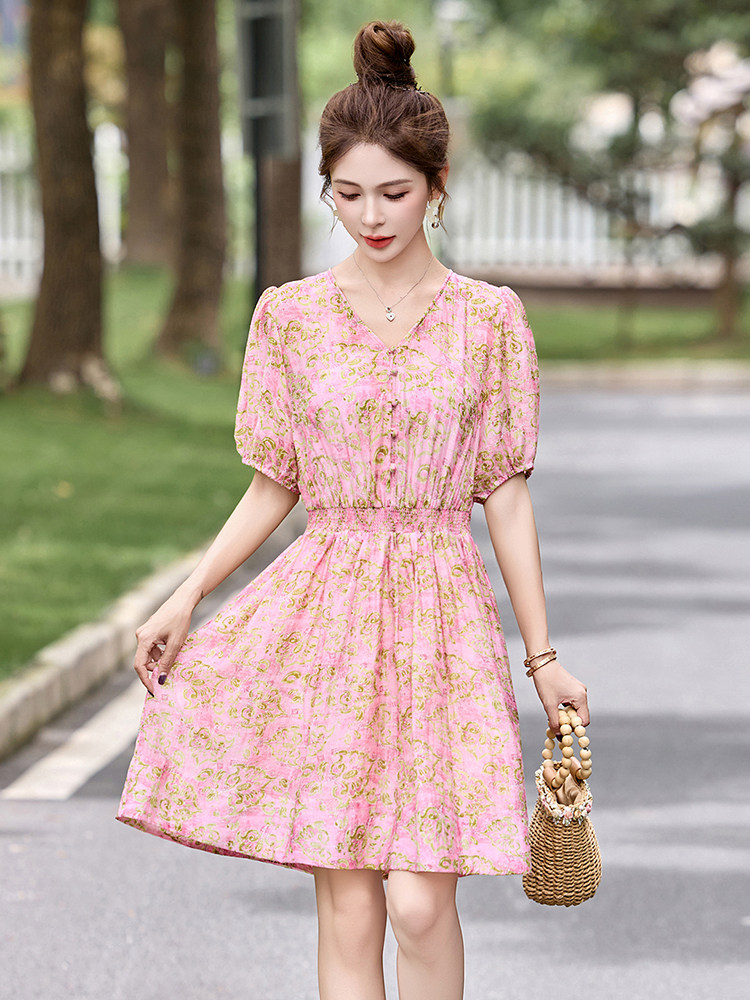 温柔甜美气质印花连衣裙女2025夏季时尚松紧收腰显瘦小个子A字裙,女装连衣裙,布芭啦