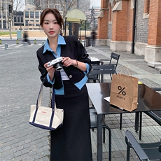 两件套裙子套装女2023春季新款韩版气质时尚衬衫拼接短款西装外套，女装套装/套裙，辉之琳