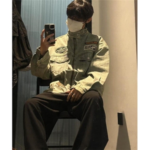 赛车风贴标牛仔外套男女春秋款美式复古夹克上衣宽松 JW321图片