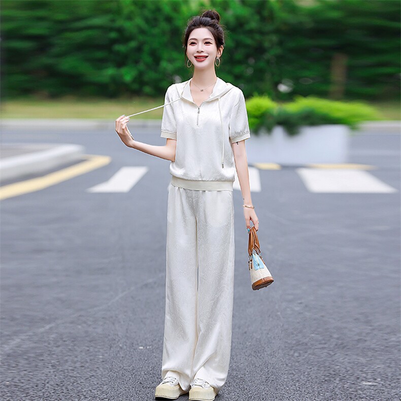 时尚套装女夏2025新款韩版提花冰丝宽松显瘦洋气减龄连帽两件套潮,女装套装/套裙,梦依杭