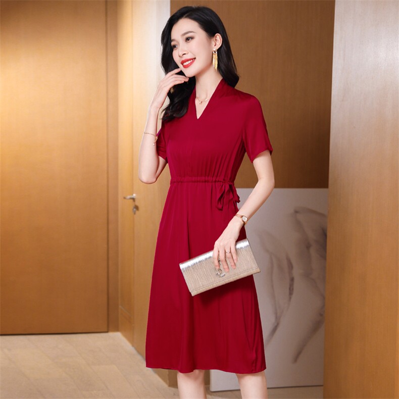 红色重磅真丝连衣裙女夏2025新款收腰显瘦高端缎面中长桑蚕丝裙子,女装连衣裙,阿舍尔精品