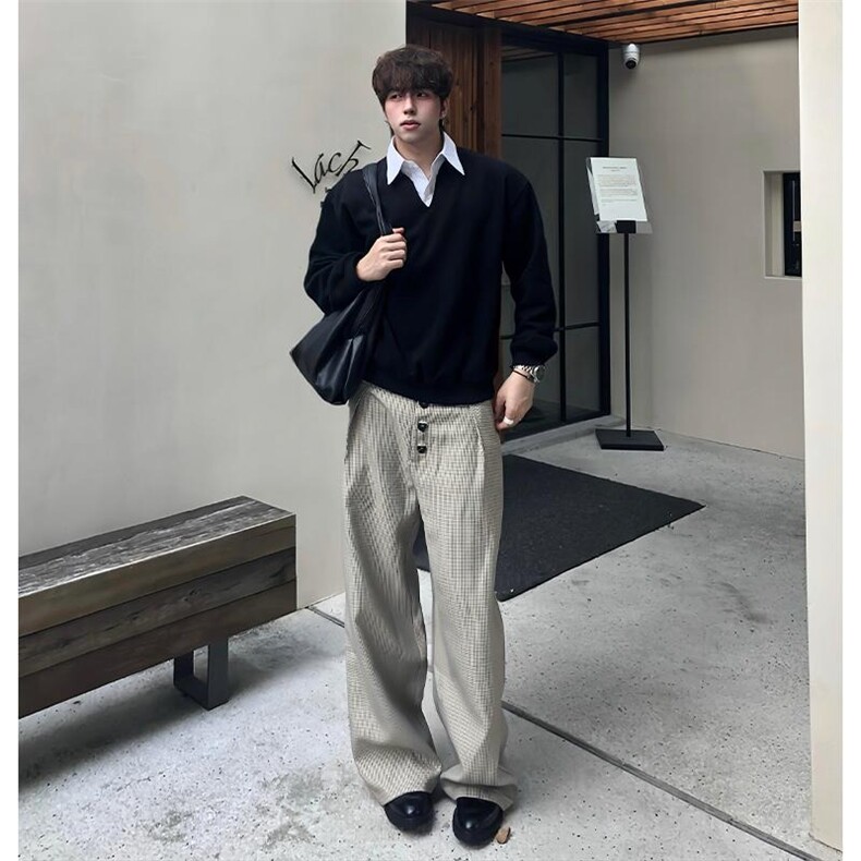 千鸟格复合打褶排扣a字阔腿西裤老钱风cleanfit通勤百搭,男装西裤,四季星座505