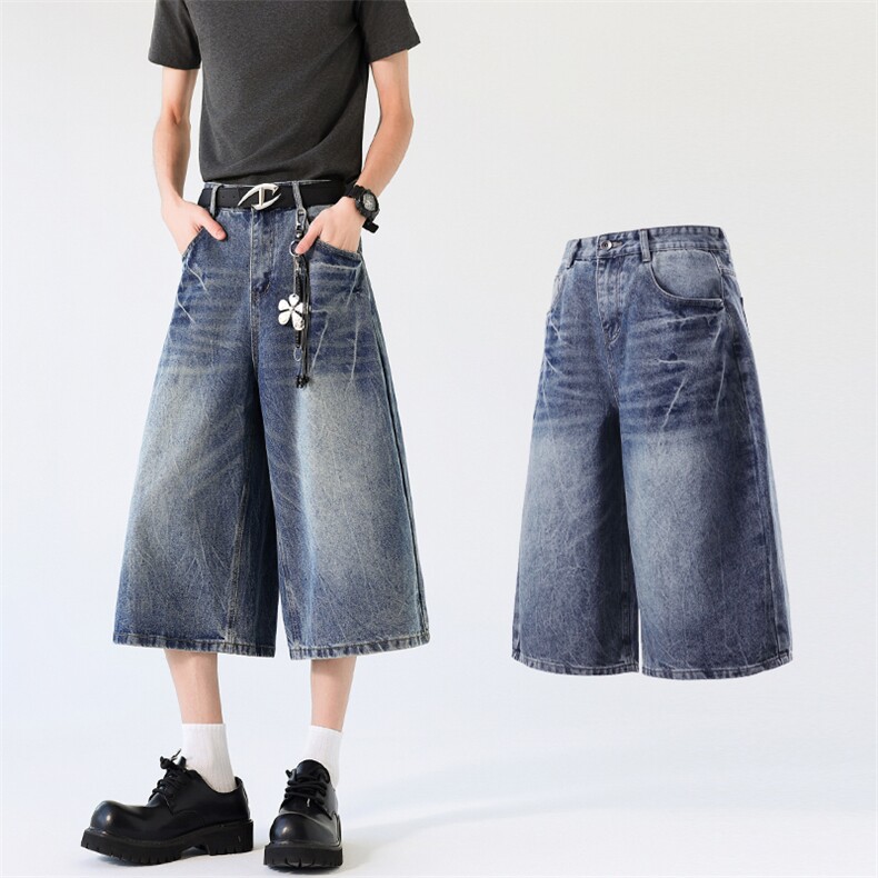 美式复古高腰闪电宽松阔腿裤百搭垂感直筒七分裤牛仔裤K7012TP48，男装牛仔裤，电商D325