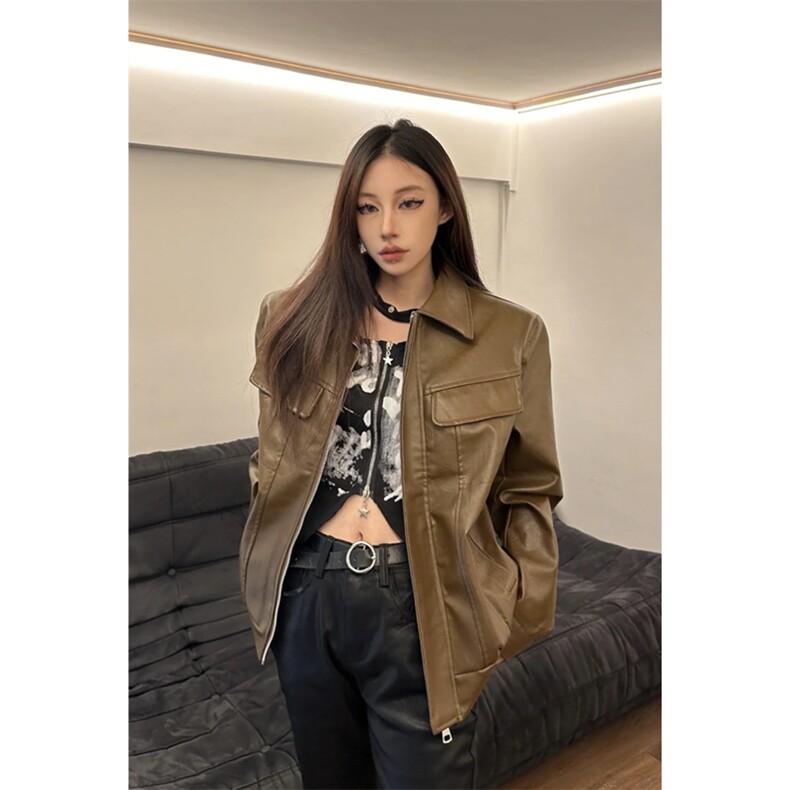 垫肩皮夹克男女同款复古纯色短款PU皮机车外套DY198-P80图片