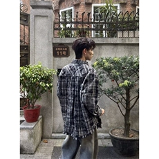 美式格纹毛边长袖衬衫衬衣男宽松日系复古情侣休闲外套WLJ066-p43，男装衬衫，星座1008