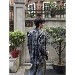 美式格纹毛边长袖衬衫衬衣男宽松日系复古情侣休闲外套WLJ066-p43图片