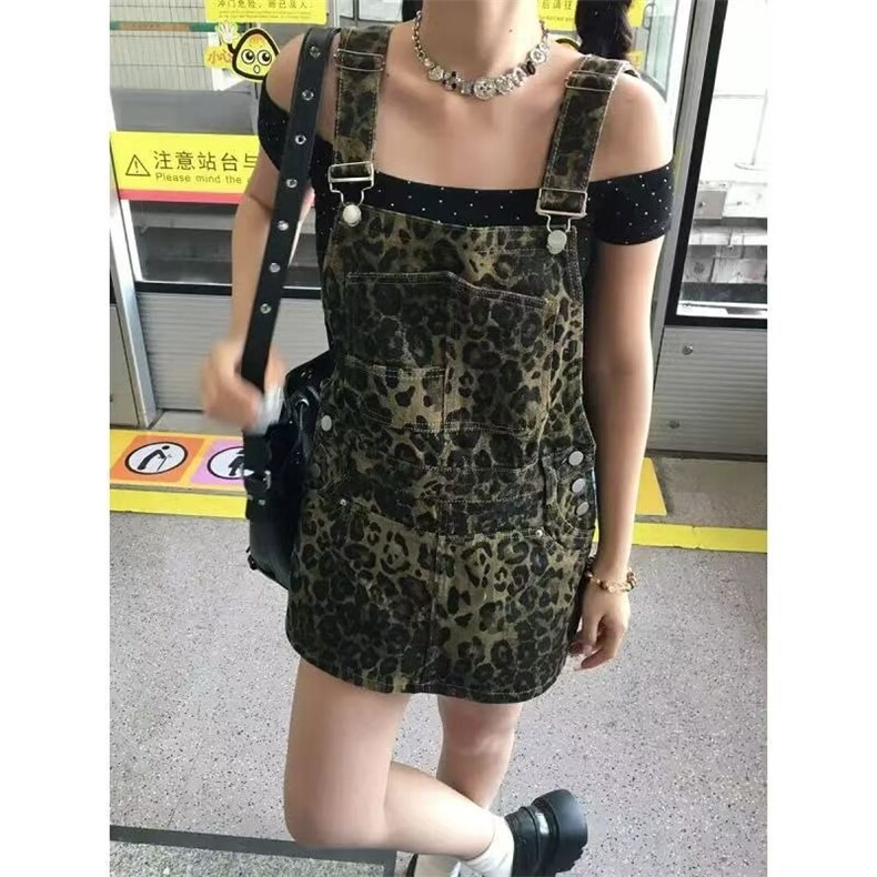 美式做旧豹纹牛仔背带短裤女2025夏季新款辣妹破连体阔腿热裤潮,男装牛仔裤,星座1210-1