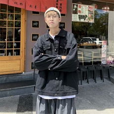 黑色牛仔外套男2024冬季新款潮牌高街宽松休闲翻领夹克W6271-P58，男装夹克，星座412-2