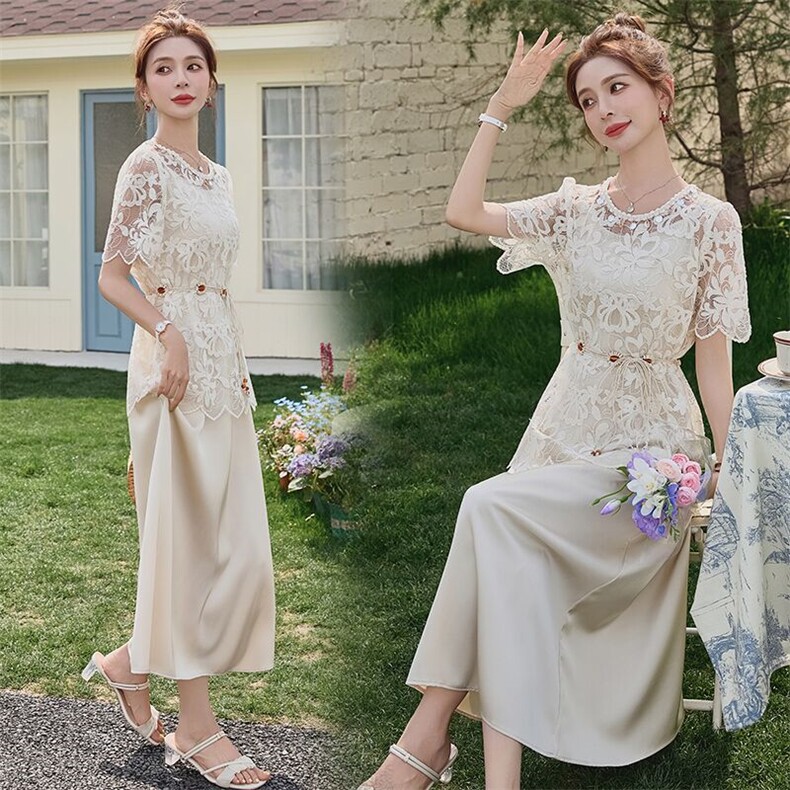 2025夏装新款气质蕾丝钩花小衫搭配垂感吊带连衣裙两件套显瘦裙子，女装套装/套裙，时尚风爆