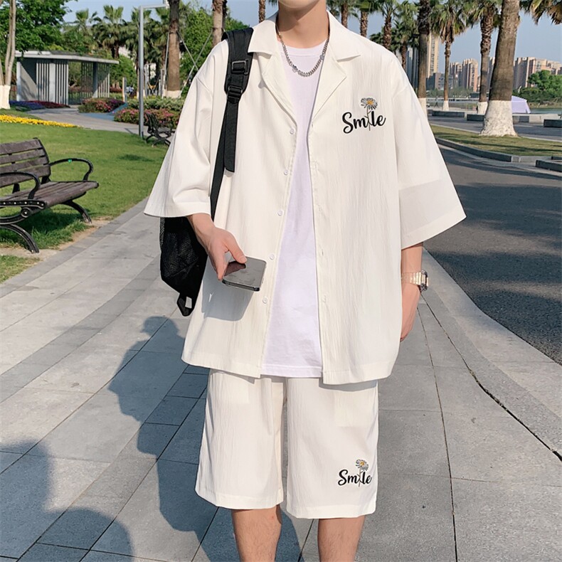 特P55控108绣花冰丝透气衬衣短袖套装夏季衬衫短裤两件套XTZ221,男装牛仔裤,电商B370
