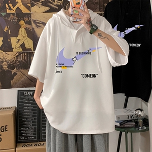 LD54259-P45 NASA连帽短袖t恤男大码胖子带帽五分袖中袖 海报风图片