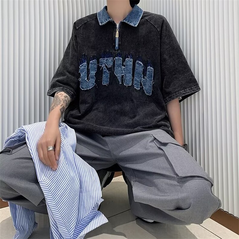 POLO衫短袖夏季文艺时尚潮流2023男标准新款日系贴布刺绣TS01P45,男装衬衫,星座1116-2