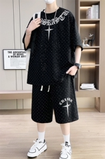 港风套装男宽松菠萝格满天星短袖T恤短裤痞帅套装TZ6626-P50，男装休闲套装，星座310B-3