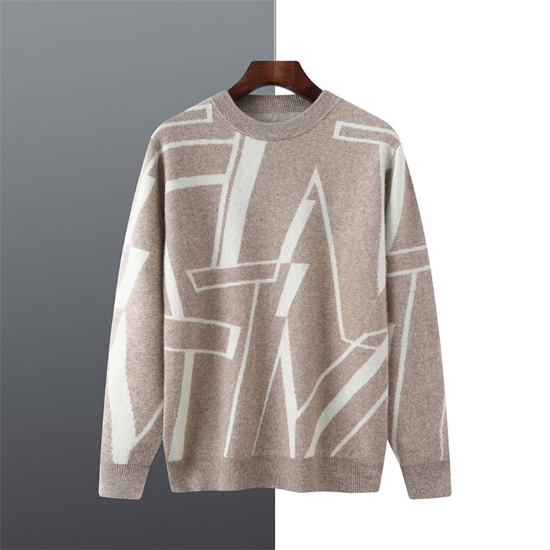 2025年秋季圆领男士几何图案提花舒适，男装羊绒套衫，祥特羊绒