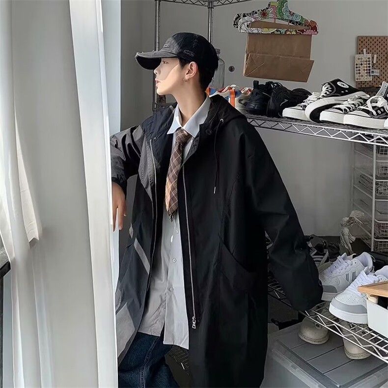 中长款风衣男韩版潮流高街帅气连帽2023春秋新款ins外套W4562-P48图片