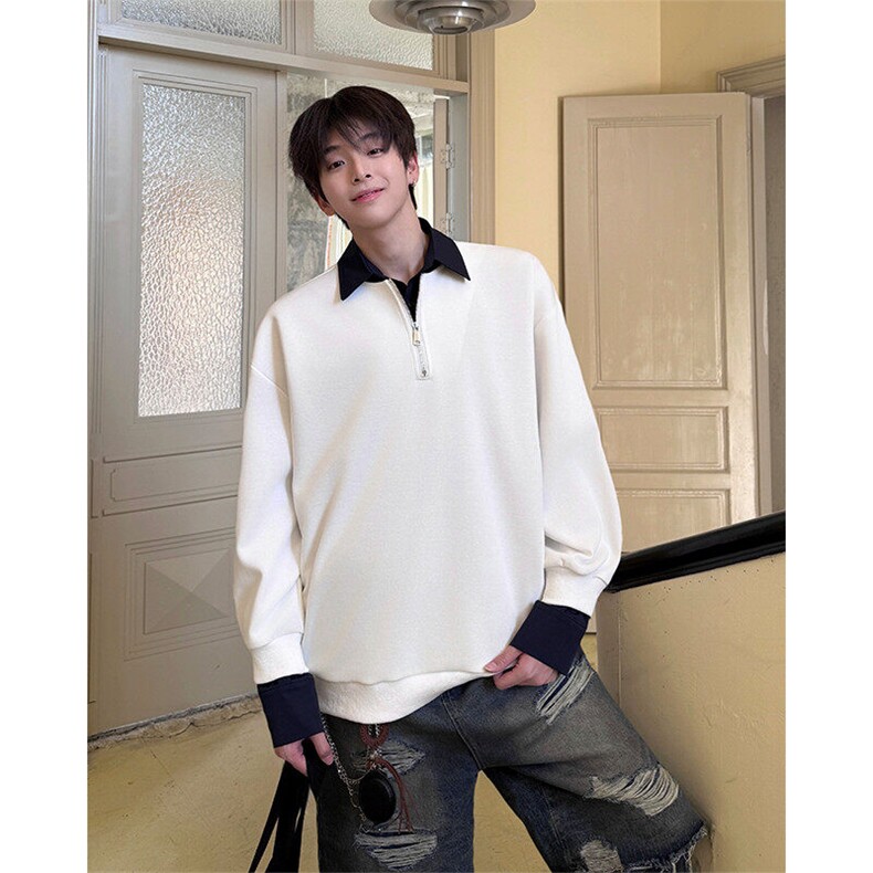新款假两件条纹拉链衬衫领休闲春款卫衣高街休闲学院卫衣特P50,男装卫衣,电商B319