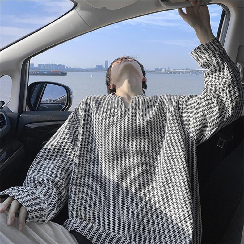 美式高街千鸟格子长袖T恤男女亨利V领英伦雅痞休闲宽松长袖打底衫，男装T恤，电商A486