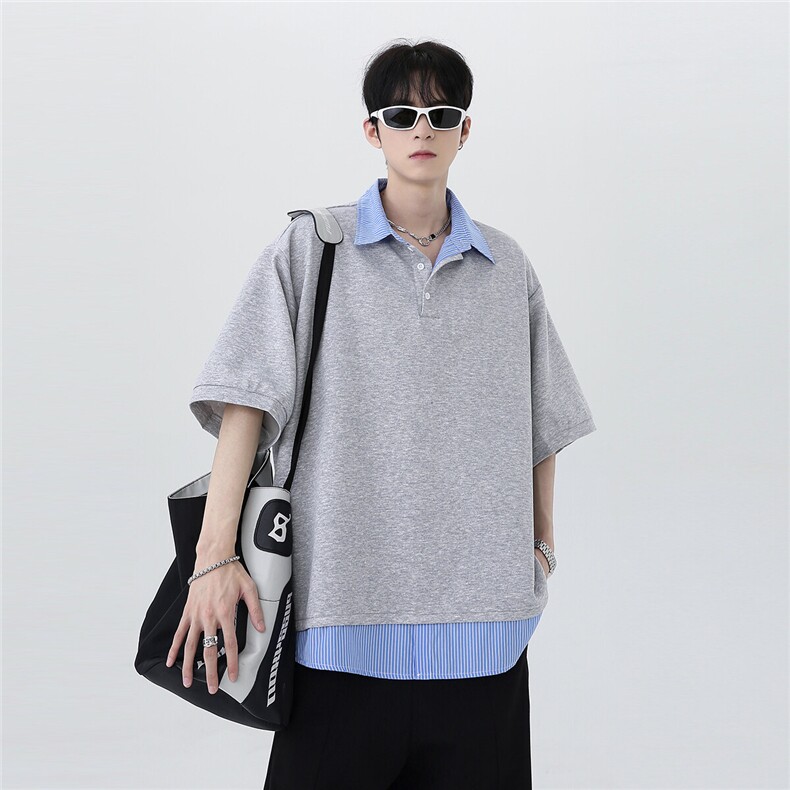 夏季潮牌高级休闲撞色拼接假两件条纹男女同款短袖POLO衫T601-P48,男装Polo衫,电商C307