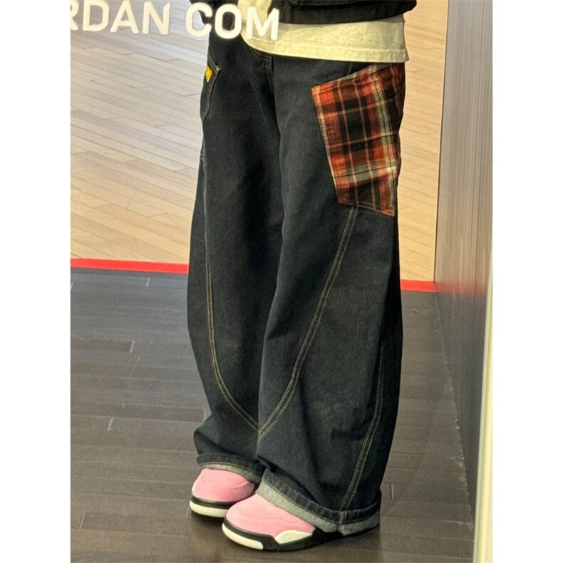 【有货】XK8091LL-特P55格纹拼接baggy水洗萝卜牛仔裤子,男装牛仔裤,星座1007（原301D）