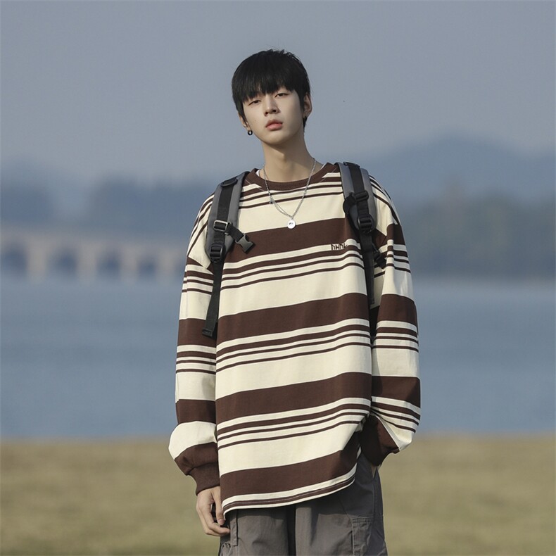 日系复古条纹卫衣男款2024秋季高街潮牌圆领长袖上衣M1661-P36，男装卫衣，星座512-4