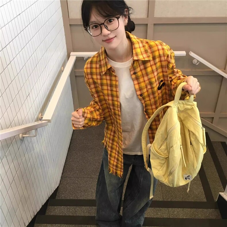 复古多巴胺格子衬衫女春秋宽松慵懒风独特超好看流苏衬衣外套,男装衬衫,星座1210-1