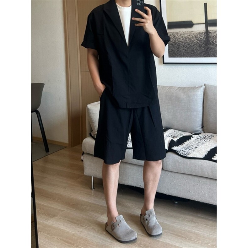 老钱风穿搭短袖短裤套装男夏季轻薄休闲假两件衬衫一整套TZ18,男装休闲套装,星座1116A（原606A-3）