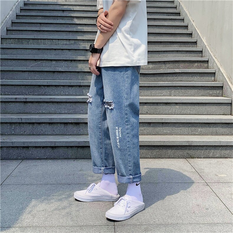 港风夏款男破洞牛仔裤宽松字母印花潮直筒九分裤n,男装牛仔裤,星座1013-1