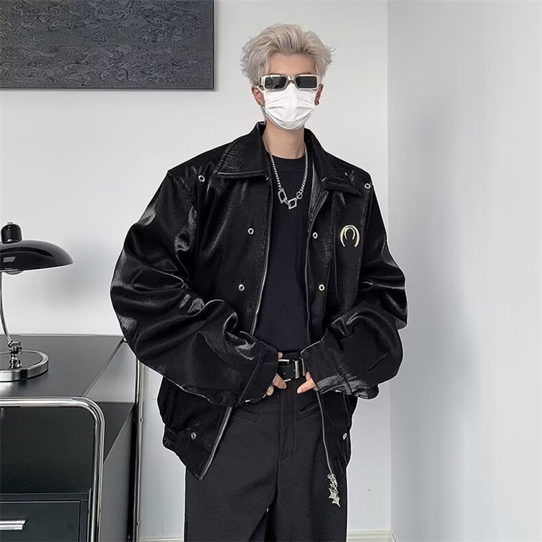 ins男短款外套时尚高级设计液态金属感拉链垫肩夹克外套,男装夹克,星座716-3