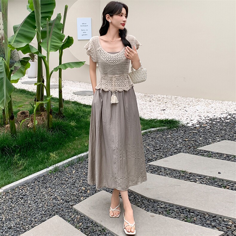 慕未家M夏装新款圆领抽绳系带收腰针织上衣淑女吊带连衣裙由3210,女装套装/套裙,超帛
