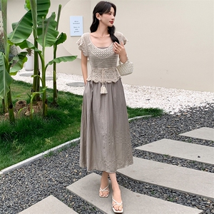 慕未家M夏装新款圆领抽绳系带收腰针织上衣淑女吊带连衣裙由3210图片
