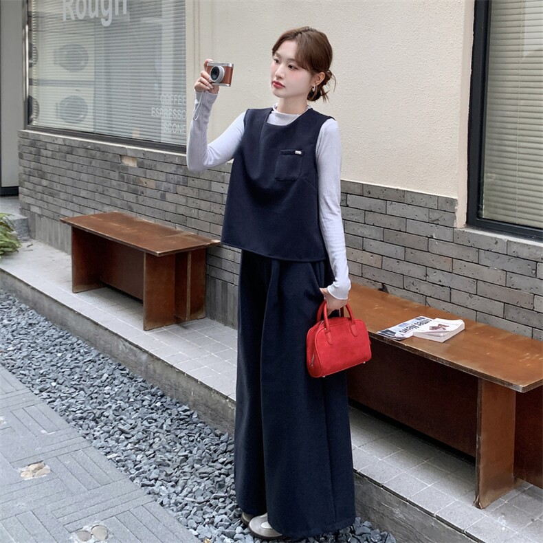 ：秋装新款针织T＋恤马甲阔腿裤三件套装2C135-8905P175K258,女装套装/套裙,2C135