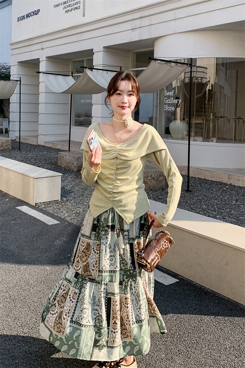 2026新款露肩上衣+花色半身裙两件套,女装套装/套裙,纯色衣恋