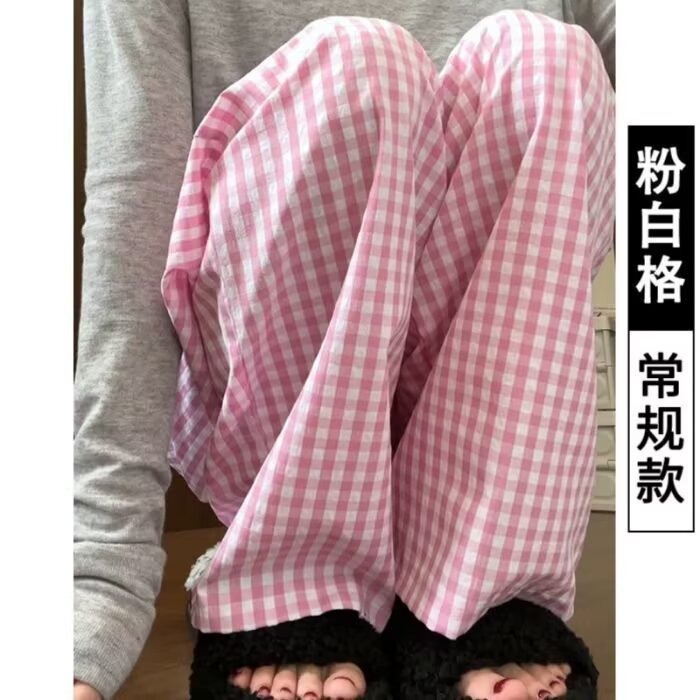 夏季格子裤女薄款高腰甜美女大山本裤多巴胺遛弯阔腿裤拖地长裤子,男装休闲裤,星座1210-1