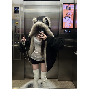 现货重磅硬挺boxy羽绒棉衣座山雕猫耳大毛毛领麂皮棉服冬外套图片