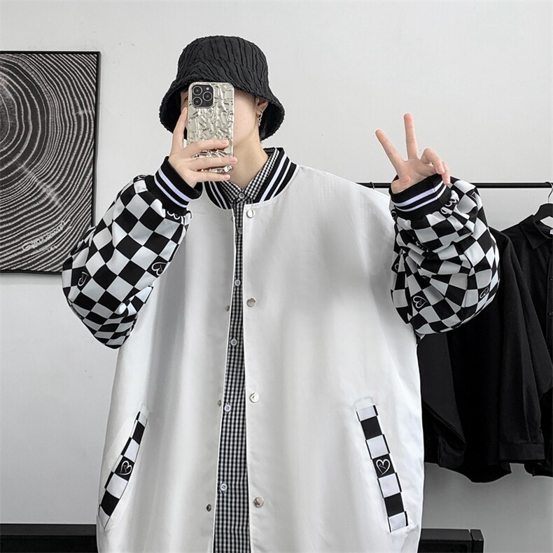 秋季美式潮流格子拼接棒球服外套男宽松夹克情侣上衣JK02226-P65,男装夹克,星座308B-1