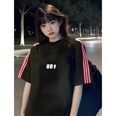 抖音得物品质二开240克宽松纯棉美式潮牌印花三条杠中性风短袖T恤，男装T恤，电商A486-1