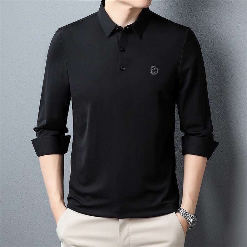 中年爸爸装商务翻领上衣服休闲POLO衫新款2022长袖男t恤秋季轻奢,男装T恤,钱塘6003（原4033）