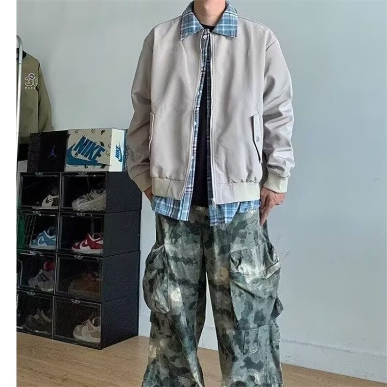 美式复古格子拼接假两件夹克男女设计感情侣工装外套HH887P68,男装夹克,星座1013-5