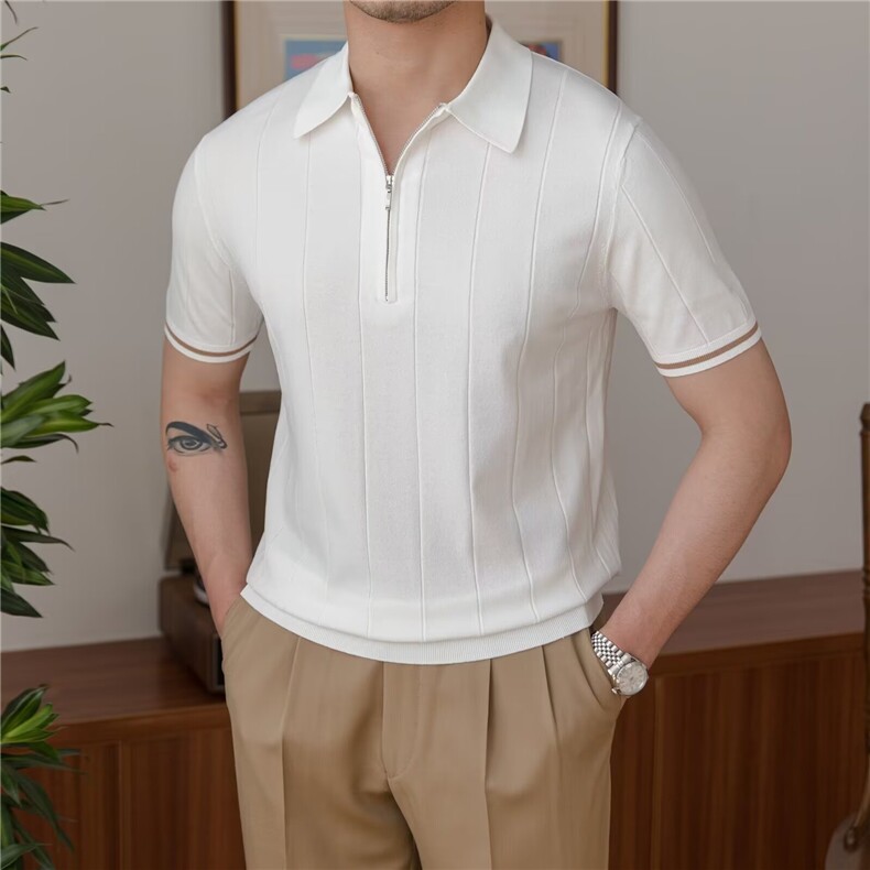 半拉链男士薄款条纹针织短袖夏季青年翻领T恤韩版潮流Polo衫，男装衬衫，星座506A