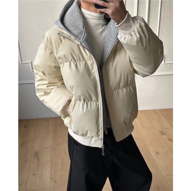 PU皮假两件连帽宽松棉衣男女保暖短款潮流冬季加厚棉服D513特P105图片