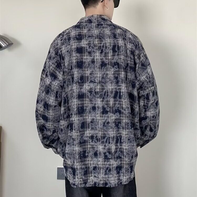 C331-P43潮流新款美式复古三条杠扎染长袖衬衫外套气质ins,男装衬衫,电商B323A