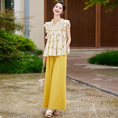 2024夏季新款气质洋气时尚减龄印花飞飞袖+彩色裤两件套，女装套装/套裙，涵墨