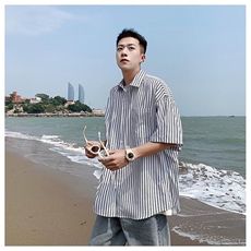 D555-P35新款条纹短袖衬衫男款潮牌痞帅外穿五分袖上衣-网图现货，男装衬衫，星座603-2