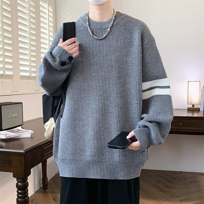 84518-特P55港风日系毛衣男秋冬条纹圆领情侣oversize针织衫图片